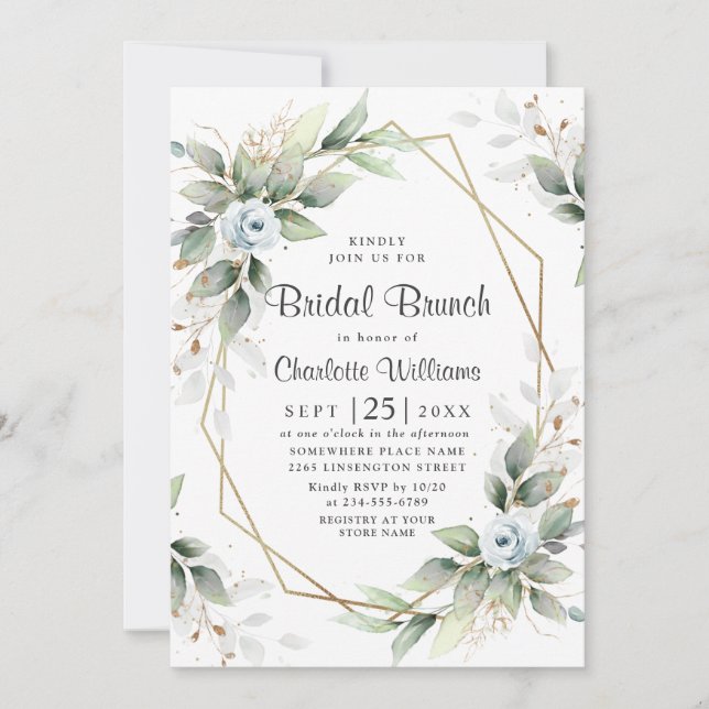 Elegant Dusty Blue Greenery Bridal Brunch Einladung (Vorderseite)