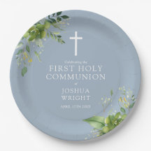 Elegant Dusty Blue Greenery Erste Heilige Kommunio