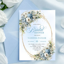 Elegant Dusty Blue Greenery Gold Bridal Shower  Einladung