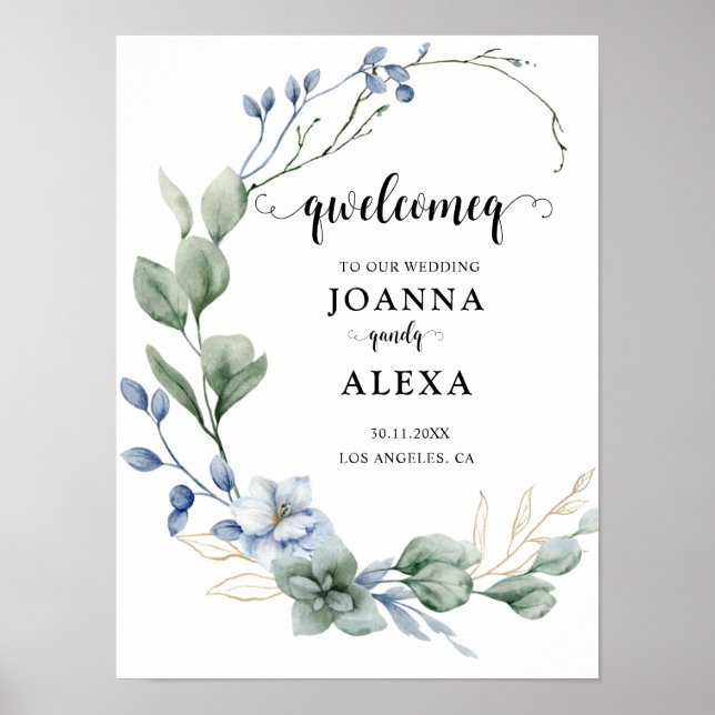 Elegant Dusty Blue Greenery Hochzeitsmaterial Poster (Vorne)