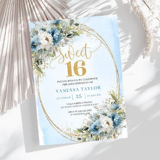 Elegant Dusty Blue Greenery Sweet 16th Birthday  Einladung
