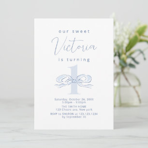 Elegant Dusty Blue Hand Drawn Bow 1. Geburtstag Einladung