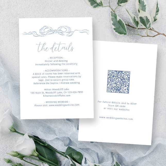 Elegant Dusty Blue Hand Drawn Bow Wedding Details Begleitkarte (Elegant Dusty Blue Hand Drawn Bow Wedding Details Enclosure Card)