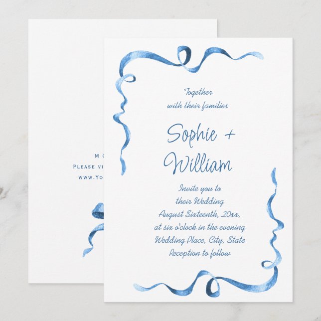 Elegant Dusty Blue Hand Drawn Bow Wedding Einladung (Vorne/Hinten)