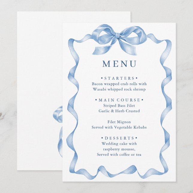 Elegant Dusty Blue Hand Drawn Bow Wedding Menükarte (Vorne/Hinten)