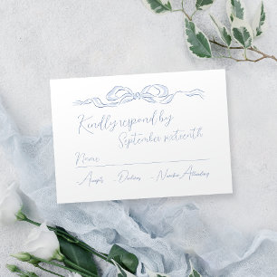Elegant Dusty Blue Hand Drawn Bow Wedding RSVP Karte