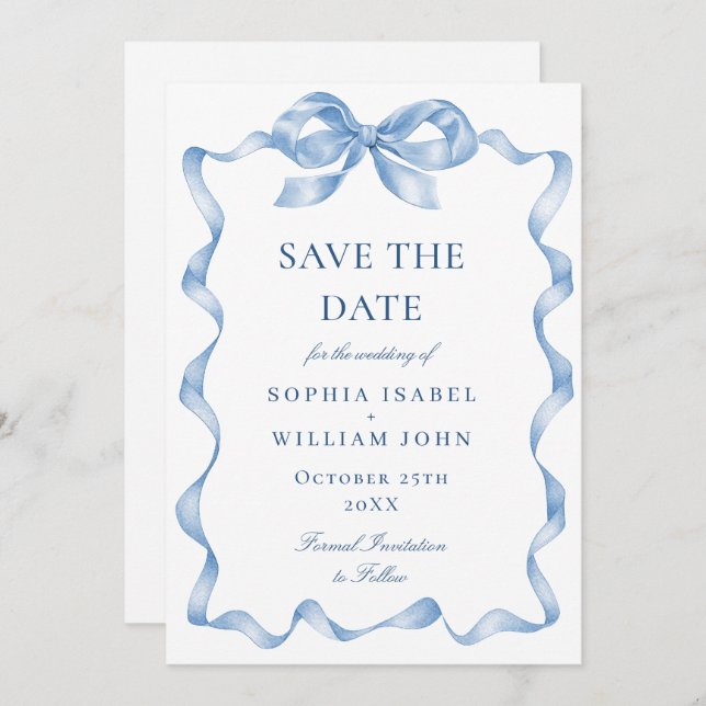 Elegant Dusty Blue Hand Drawn Bow Wedding Save The Date (Vorne/Hinten)