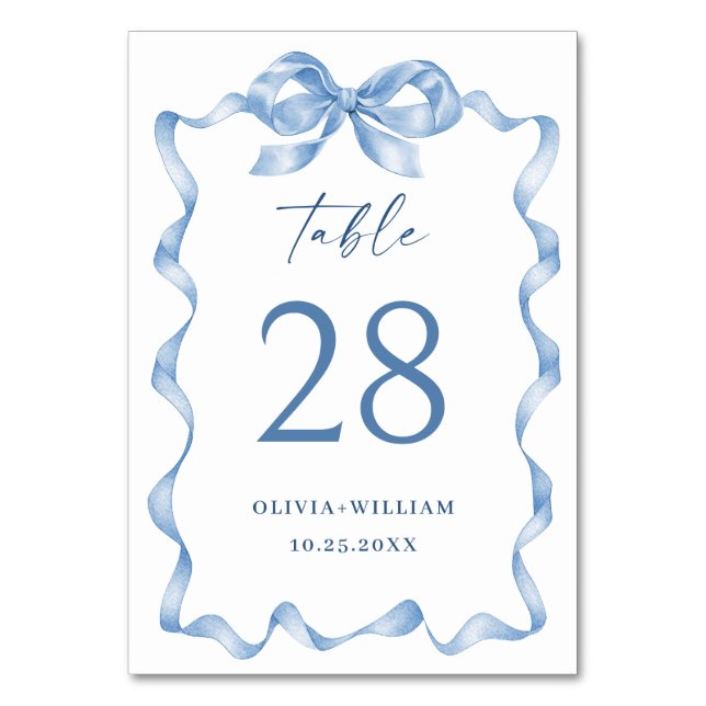 Elegant Dusty Blue Hand Drawn Bow Wedding Tischnummer (Vorderseite)