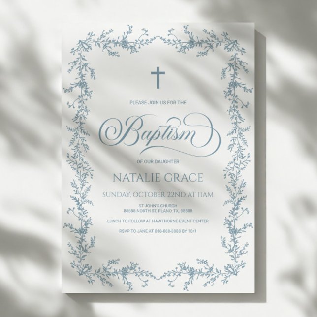 Elegant Dusty Blue Hand Drawn Floral Frame Baptism Einladung (Von Creator hochgeladen)