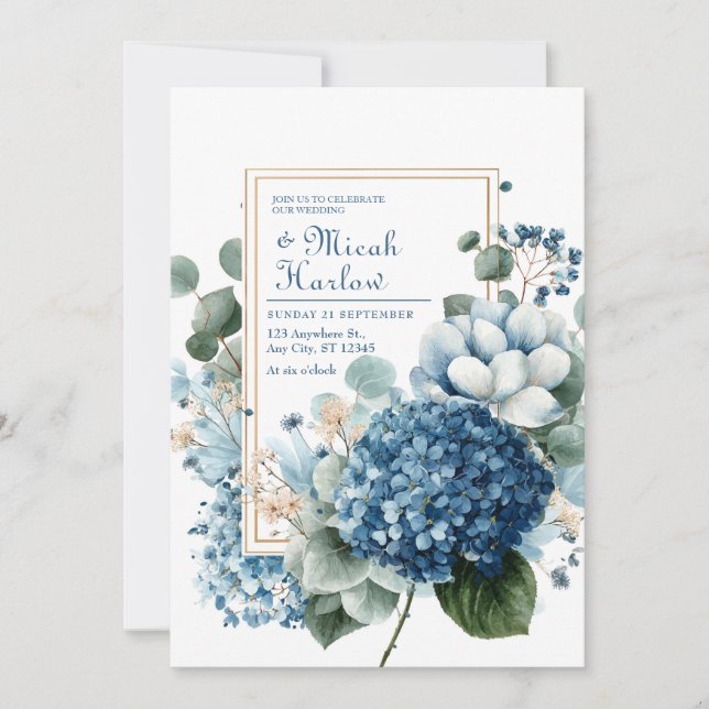 Elegant Dusty Blue Hydrangea Eucalyptus Gold Frame Einladung (Vorderseite)
