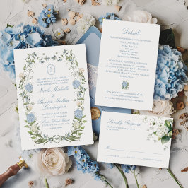 Elegant Dusty Blue Hydrangea Monogram Einladung