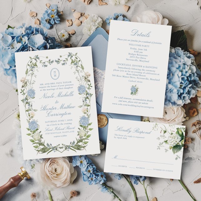 Elegant Dusty Blue Hydrangea Monogram Einladung (Von Creator hochgeladen)