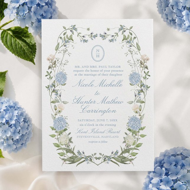 Elegant Dusty Blue Hydrangea Monogram Einladung (Von Creator hochgeladen)