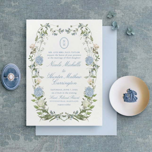 Elegant Dusty Blue Hydrangea Monogram Einladung (Von Creator hochgeladen)