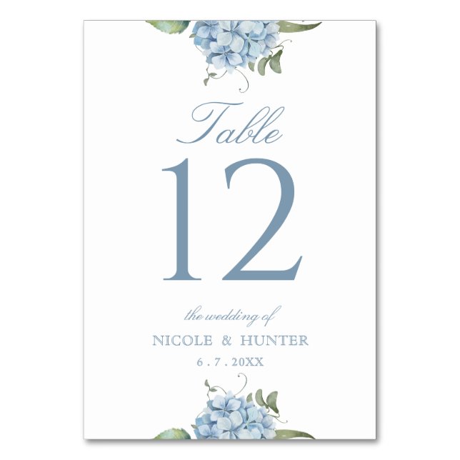 Elegant Dusty Blue Hydrangea Wedding Table Number Tischnummer (Vorderseite)