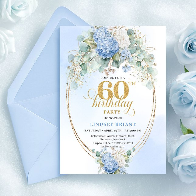 Elegant Dusty Blue Hydrangeas 60th Invitation Einladung (Blue hydrangea 60th birthday invitation,
unique digital printable download template,
Watercolor Soft)