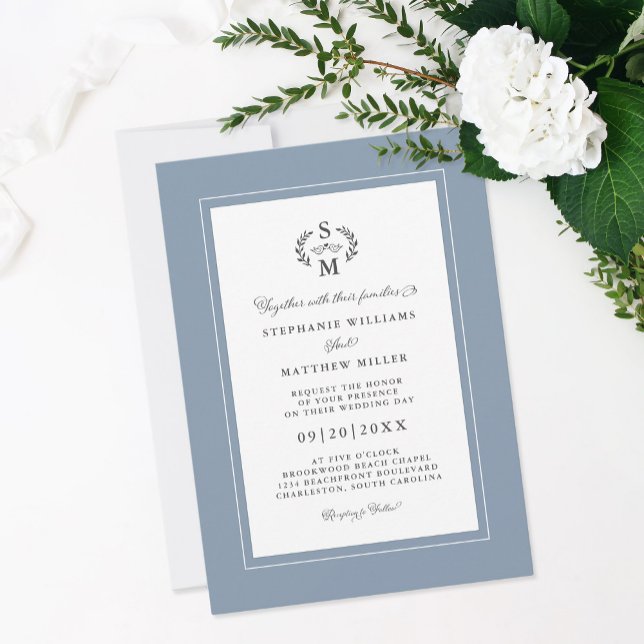 Elegant Dusty Blue Initials Calligraphy Wedding Einladung (Elegant Dusty Blue Initials Calligraphy Wedding Invitation)