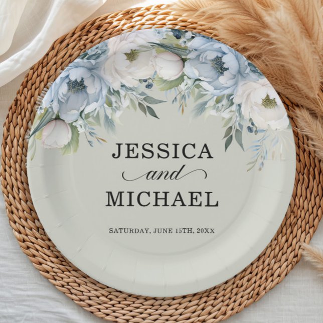 Elegant Dusty Blue Ivory Floral Sage Green Pappteller (Sage green wedding paper plate with dusty blue and white watercolor flowers)