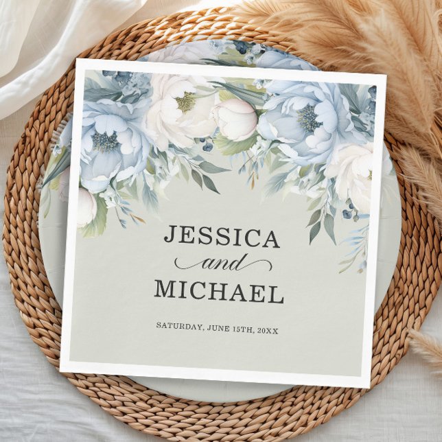 Elegant Dusty Blue Ivory Floral Sage Green Serviette (Sage green wedding paper napkins with dusty blue and white watercolor flowers)
