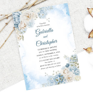 Elegant Dusty Blue Ivory Rose Blume Hochzeit Einladung