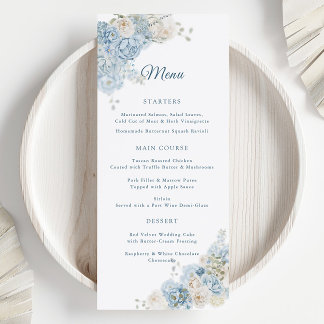 Elegant Dusty Blue Ivory Rose Blume Hochzeit Menükarte