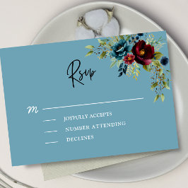 Elegant dusty blue marine borundy Blumenhochzeit RSVP Karte