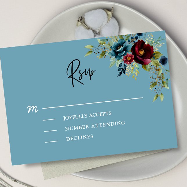 Elegant dusty blue marine borundy Blumenhochzeit RSVP Karte (Von Creator hochgeladen)