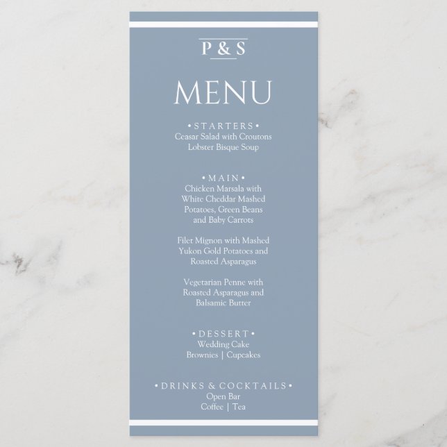 Elegant Dusty Blue Minimal Monogram Dinner Wedding Menükarte (Vorderseite)