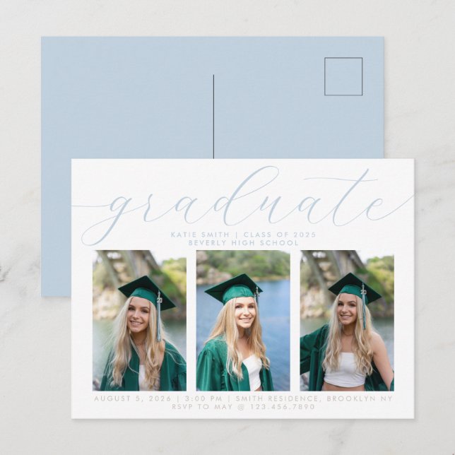 Elegant Dusty Blue Minimalistisch Abschluss 3 Foto Einladungspostkarte (Vorne/Hinten)