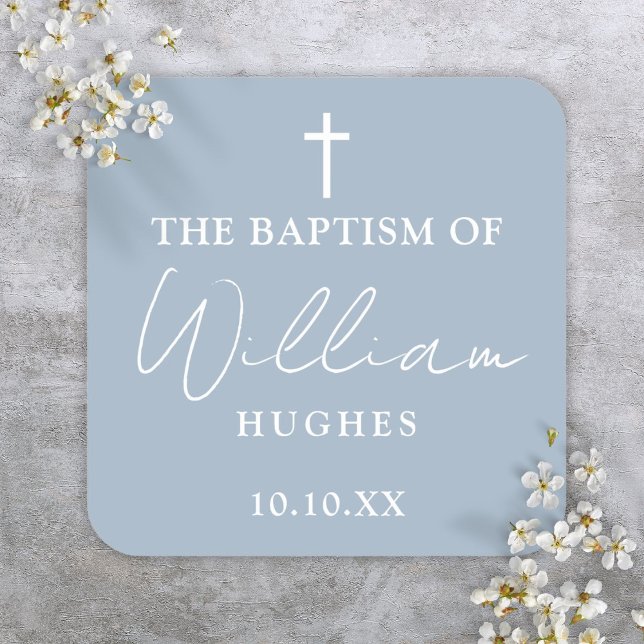 Elegant Dusty Blue Minimalistisch Baptismus Christ Quadratischer Aufkleber (Elegant Dusty Blue Minimalist Baptism Christening Square Sticker)