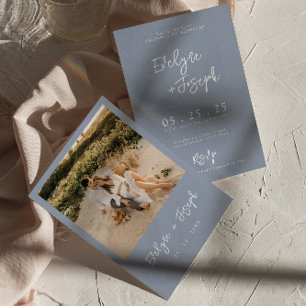 Elegant Dusty Blue Minimalistisch Boho Foto Weddin Einladung