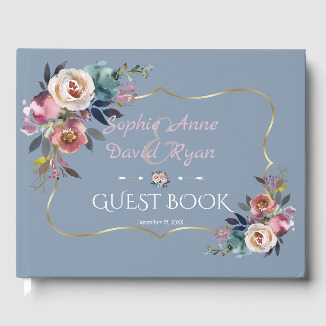 Elegant Dusty Blue Misty Rose Gold Wedding Gästebuch (Vorderseite)