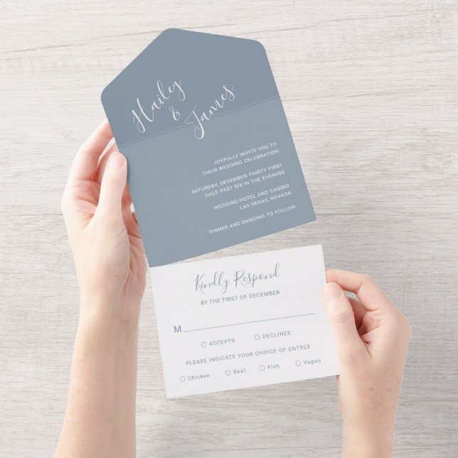 Elegant Dusty Blue Modern Wedding All In One Einladung (Abreißen)