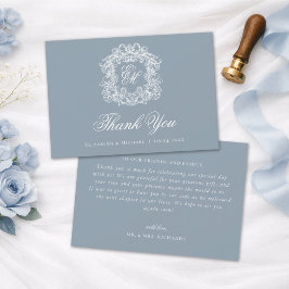 Elegant Dusty Blue Monogram Crest Vintage Wedding  Dankeskarte