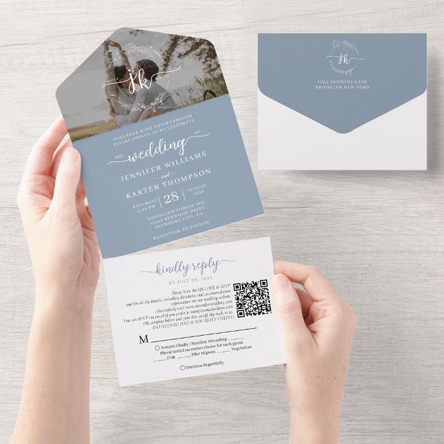 Elegant Dusty Blue Monogram QR Code Foto Wedding All In One Einladung (Von Creator hochgeladen)