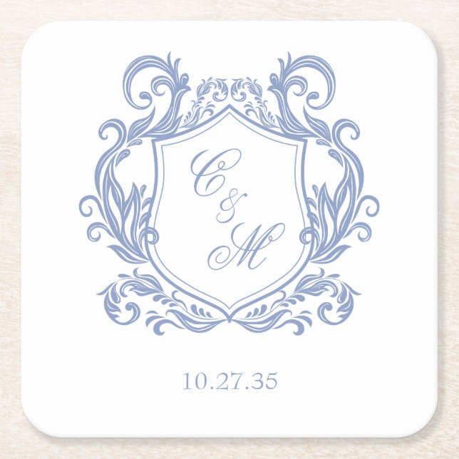 Elegant Dusty Blue Monogram Wappen Wedding Rechteckiger Pappuntersetzer (Vorderseite)