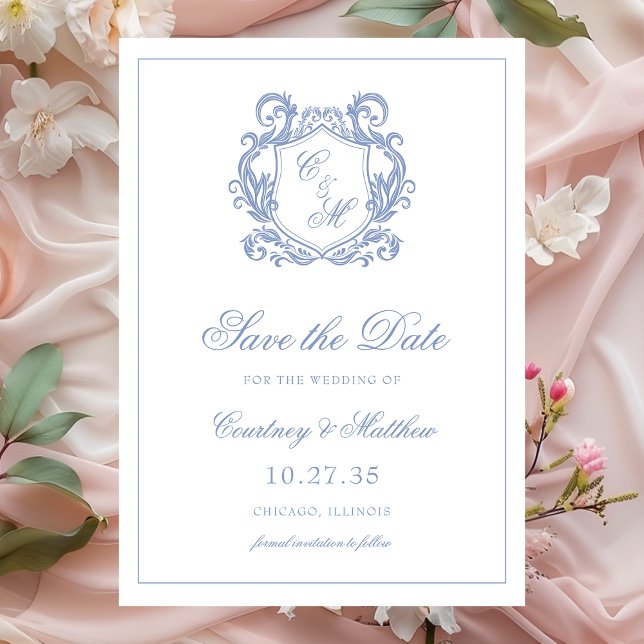 Elegant Dusty Blue Monogram Wappen Wedding Save The Date (Von Creator hochgeladen)