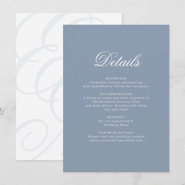 Elegant Dusty Blue Monogram Wedding Details Begleitkarte (Vorne/Hinten)