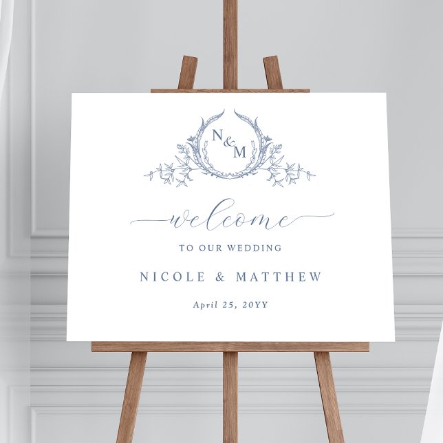 Elegant Dusty Blue Monogram Wedding Welcome Sign Poster (Von Creator hochgeladen)