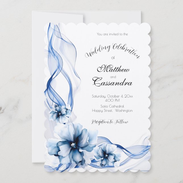 Elegant Dusty Blue Navy Blume Hochzeit Einladung (Vorderseite)