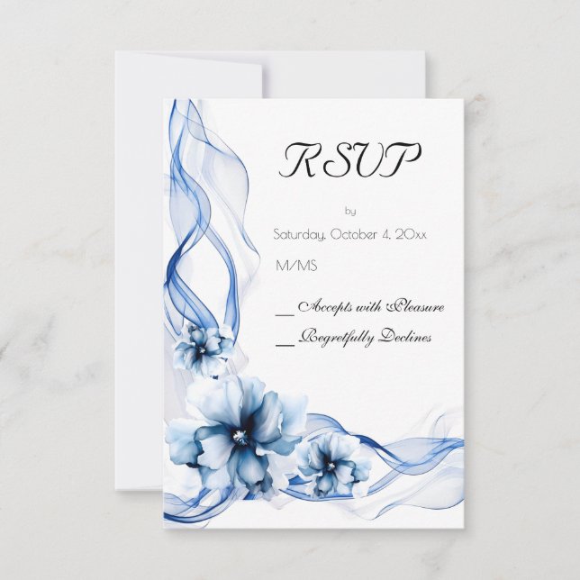 Elegant Dusty Blue Navy Blume Hochzeit RSVP Karte (Vorderseite)