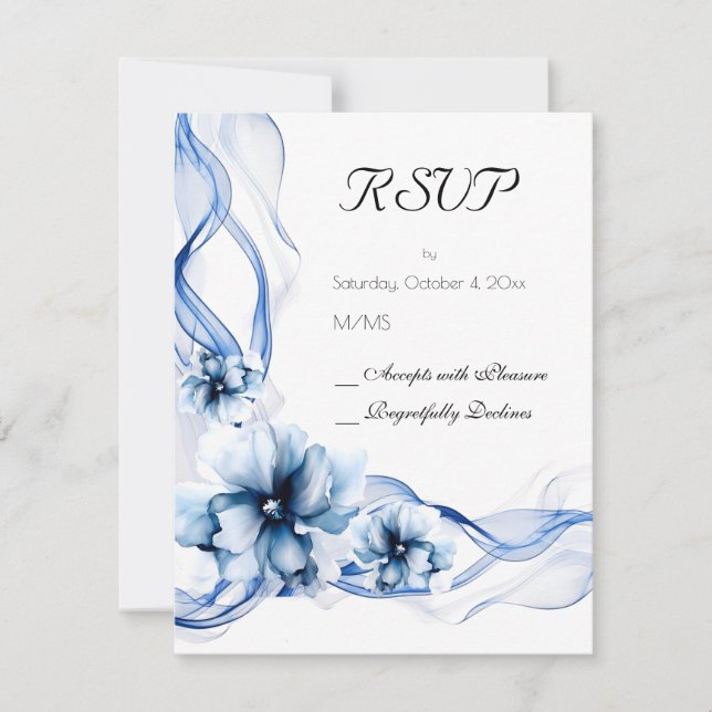Elegant Dusty Blue Navy Blume Hochzeit RSVP Karte (Vorderseite)