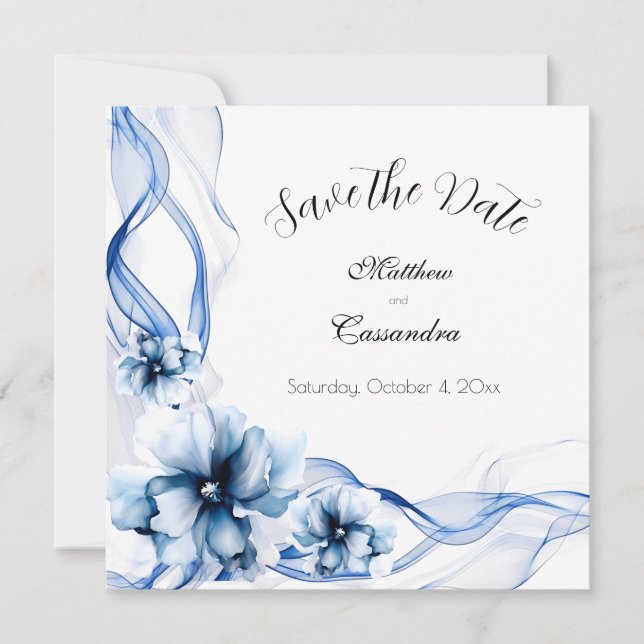 Elegant Dusty Blue Navy Blume Hochzeit Save The Date (Vorderseite)