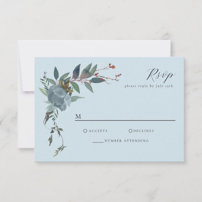 Elegant Dusty Blue Navy Botanischer Garten RSVP Karte (Vorderseite)