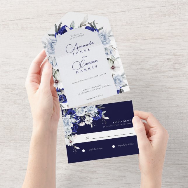 Elegant Dusty Blue Navy Floral Arch Wedding All In One Einladung (Abreißen)