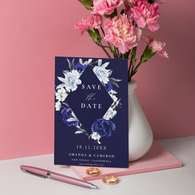 Elegant Dusty Blue Navy Floral Geometric Wedding Save The Date (Von Creator hochgeladen)