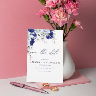 Elegant Dusty Blue Navy Floral QR Code Hochzeit Save The Date