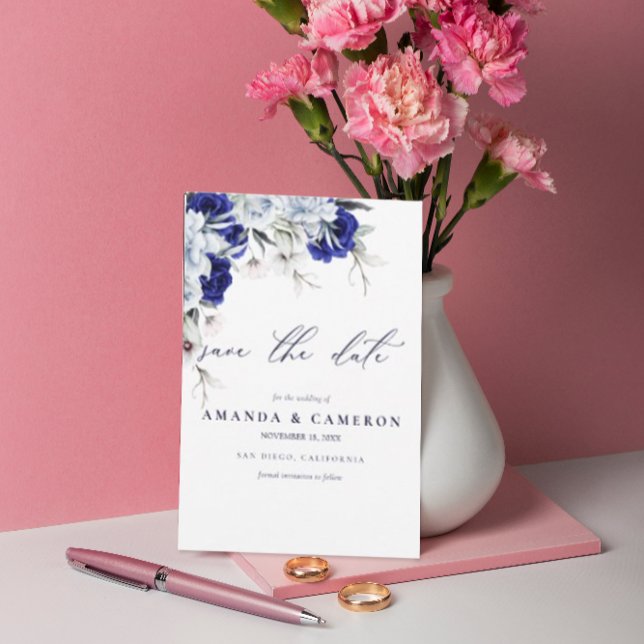 Elegant Dusty Blue Navy Floral QR Code Hochzeit Save The Date (Von Creator hochgeladen)