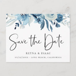 Elegant Dusty Blue Navy Floral Save the Date Ankündigungspostkarte