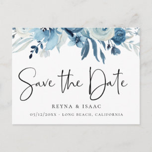 Elegant Dusty Blue Navy Floral Save the Date Ankündigungspostkarte